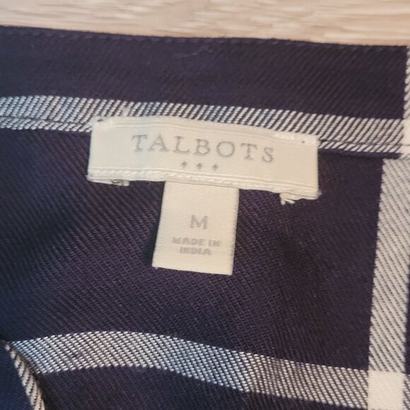 Talbots Tunic Top Women M Windowpane Button Cuffs Notched Neck Blue White - Picture 4 of 10